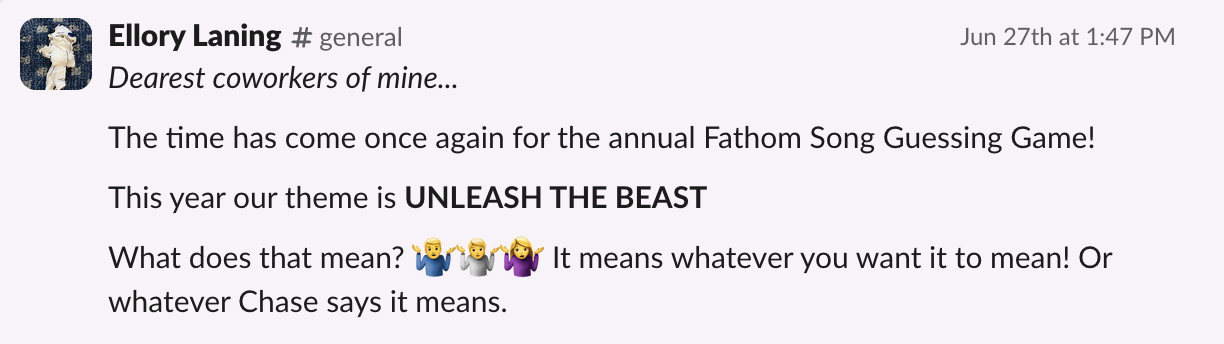 Slack message from Ellory announcing the annual Fathom Song Guessing Game
